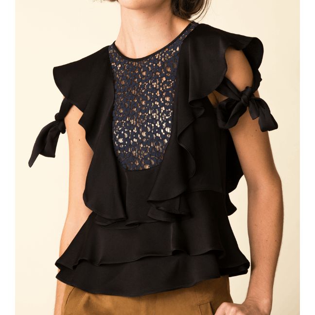 Marissa Webb Marielle Top Black Lace Blouse Ties, Size Large, Msrp $425